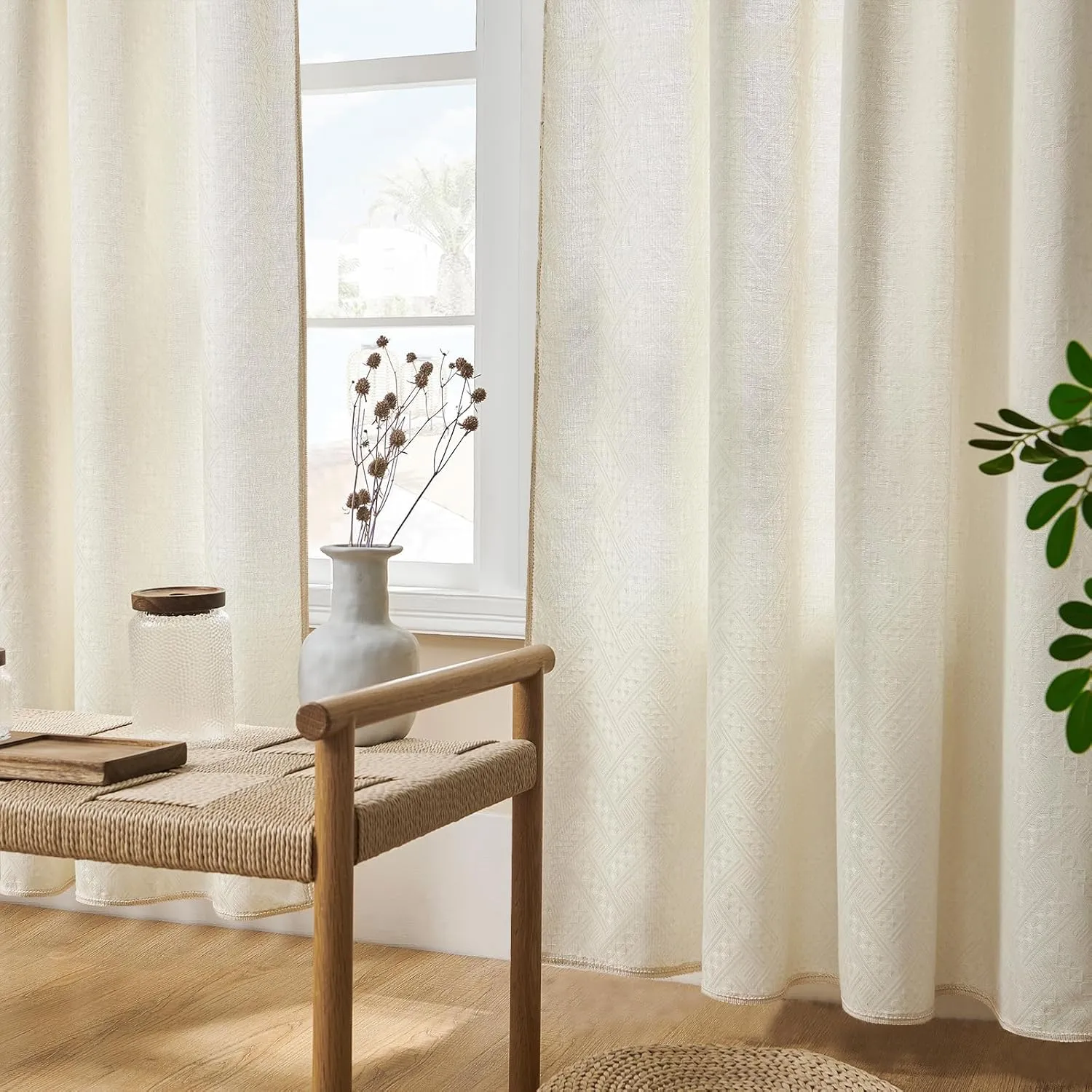 Joydeco Beige Boho Curtains 84 Inch Length 2 Panels, Super Soft Bohemian Farmhouse Curtains, Semi Sheer Light Filtering Drapes for Bedroom Living Room (Rod Pocket with No Tassels, 52Wx84L)
