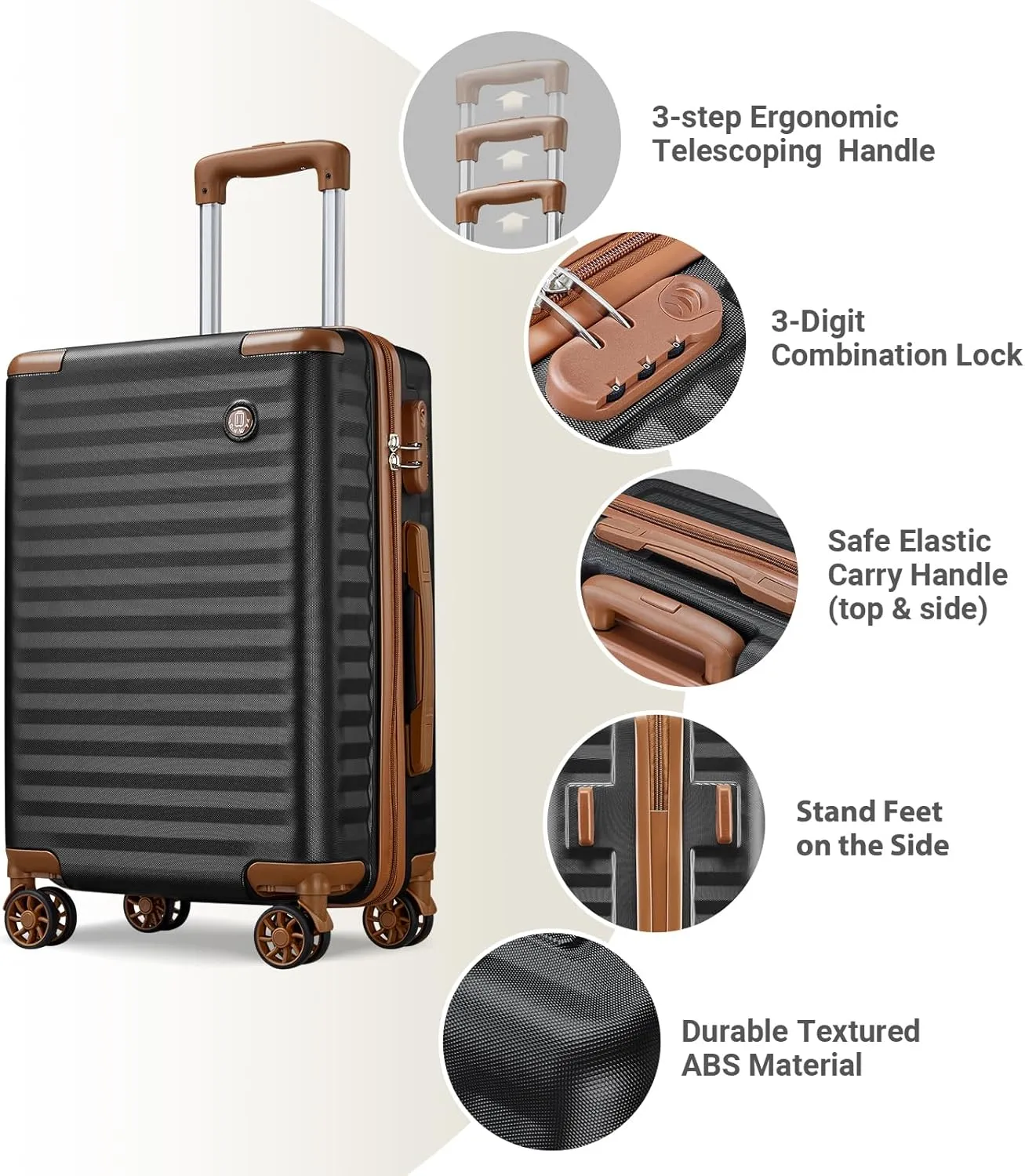 Joyway Carry on Luggage 20 Inch Suitcases with Spinner Wheels, Hard Shell Luggage Sets 3 Piece Travel Suitcase Set with Combination Lock(20-In, Black Brown)