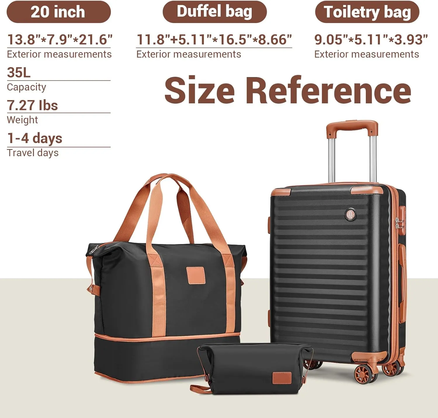 Joyway Carry on Luggage 20 Inch Suitcases with Spinner Wheels, Hard Shell Luggage Sets 3 Piece Travel Suitcase Set with Combination Lock(20-In, Black Brown)