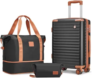 Joyway Carry on Luggage 20 Inch Suitcases with Spinner Wheels, Hard Shell Luggage Sets 3 Piece Travel Suitcase Set with Combination Lock(20-In, Black Brown)