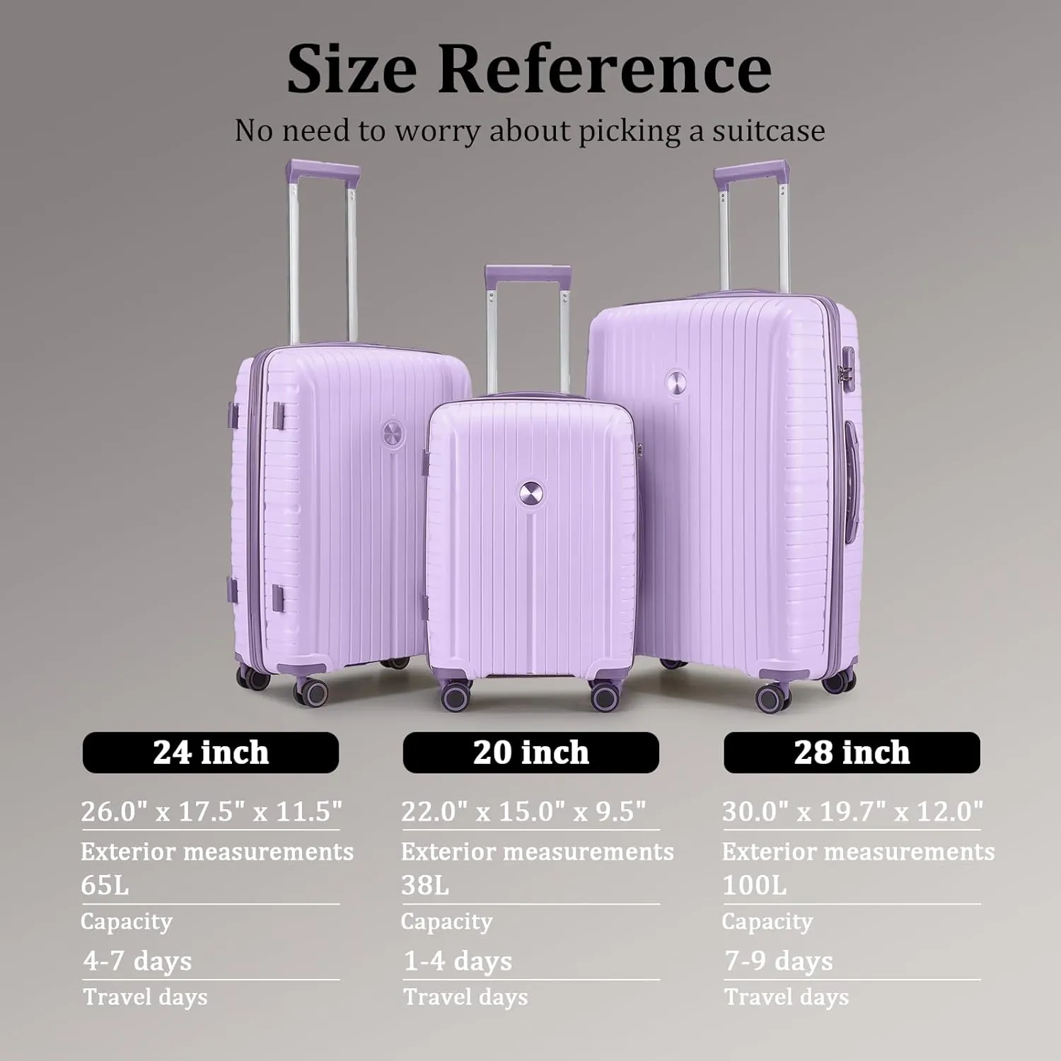 Joyway Suitcase Set 3 Piece Luggage Sets with TSA Lock, PP Hardside Carry on Luggage Set, Travel Lightweight Suitcases with Wheels, Light Purple