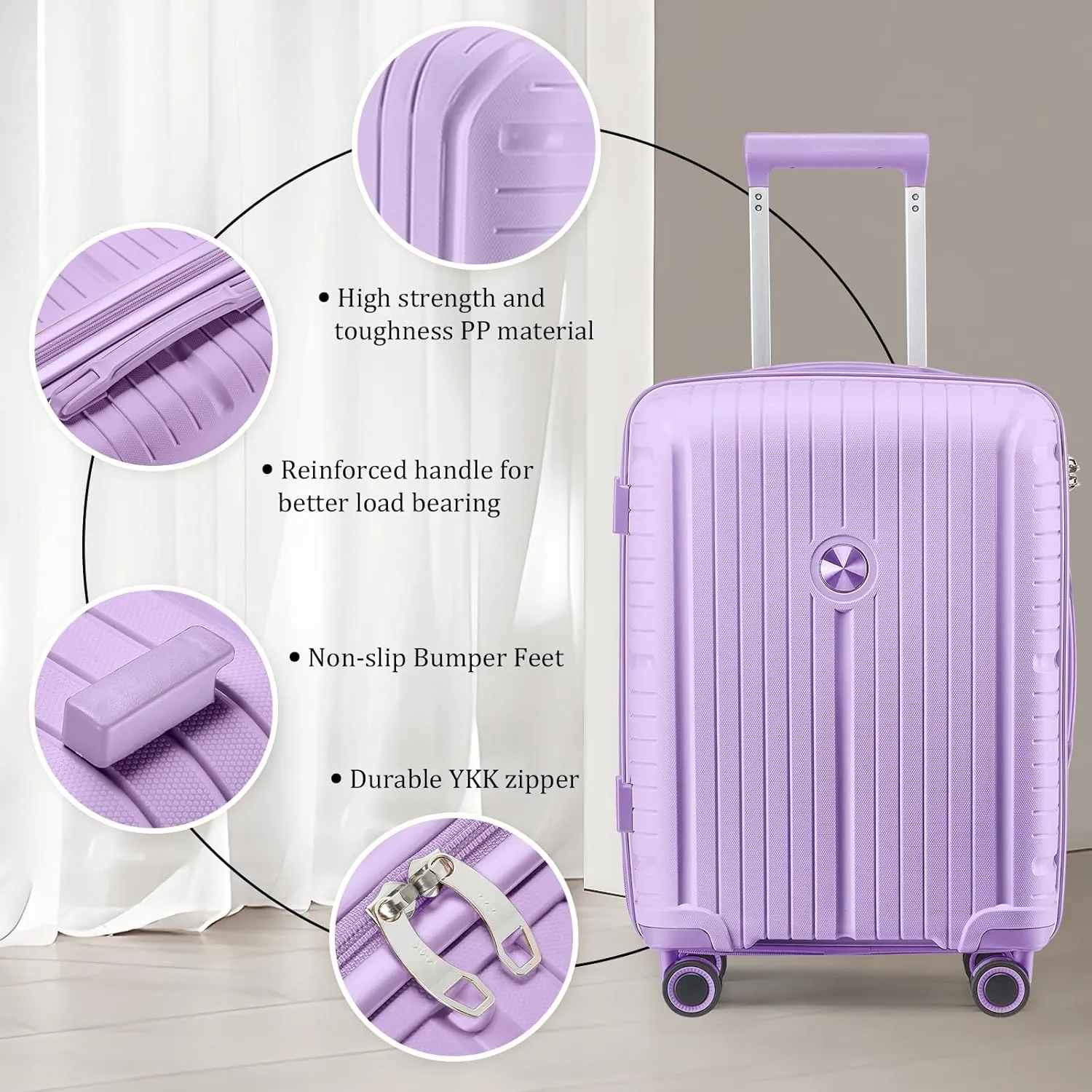 Joyway Suitcase Set 3 Piece Luggage Sets with TSA Lock, PP Hardside Carry on Luggage Set, Travel Lightweight Suitcases with Wheels, Light Purple