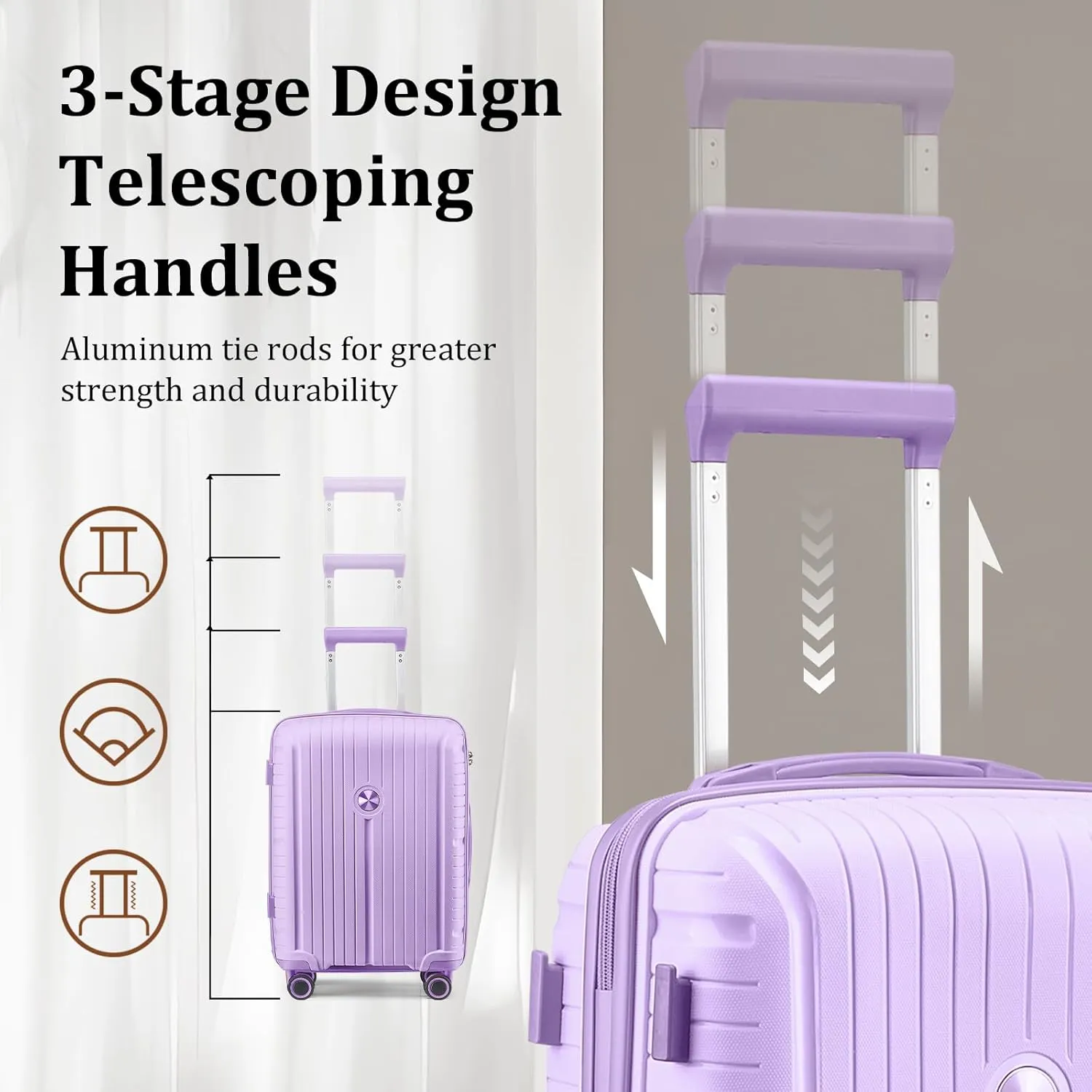 Joyway Suitcase Set 3 Piece Luggage Sets with TSA Lock, PP Hardside Carry on Luggage Set, Travel Lightweight Suitcases with Wheels, Light Purple