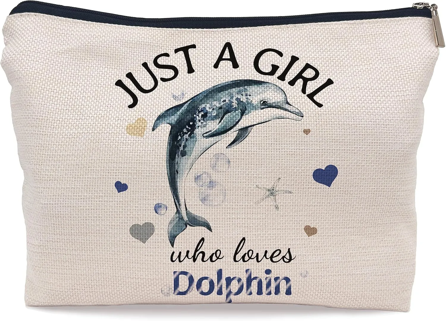 Just A Girl Dolphin Lovers Cosmetic Bag, Blue Watercolor Dolphin Decor Makeup Bag, Zipper Pouch Travel Toiletry
