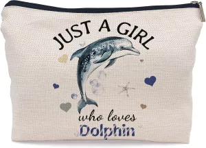 Just A Girl Dolphin Lovers Cosmetic Bag, Blue Watercolor Dolphin Decor Makeup Bag, Zipper Pouch Travel Toiletry