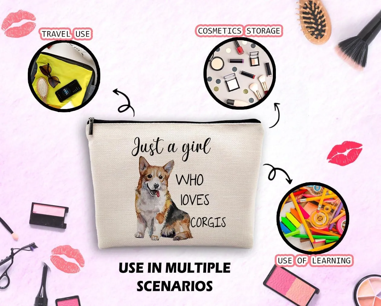 Just a Girl Who Loves Corgis Cosmetic Bag, Animal Lovers Pet Dog Makeup Bag Zipper Cosmetic Pouch Bag Travel Linen Makeup Organizer, Dog Gifts for Women Girls Corgi Lovers Pet Owner