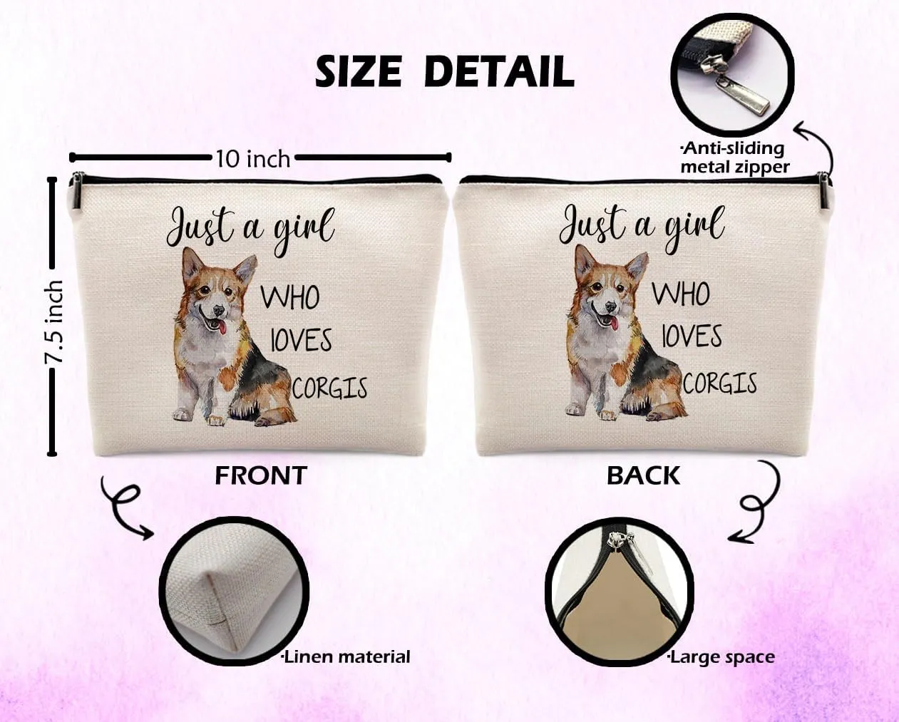 Just a Girl Who Loves Corgis Cosmetic Bag, Animal Lovers Pet Dog Makeup Bag Zipper Cosmetic Pouch Bag Travel Linen Makeup Organizer, Dog Gifts for Women Girls Corgi Lovers Pet Owner