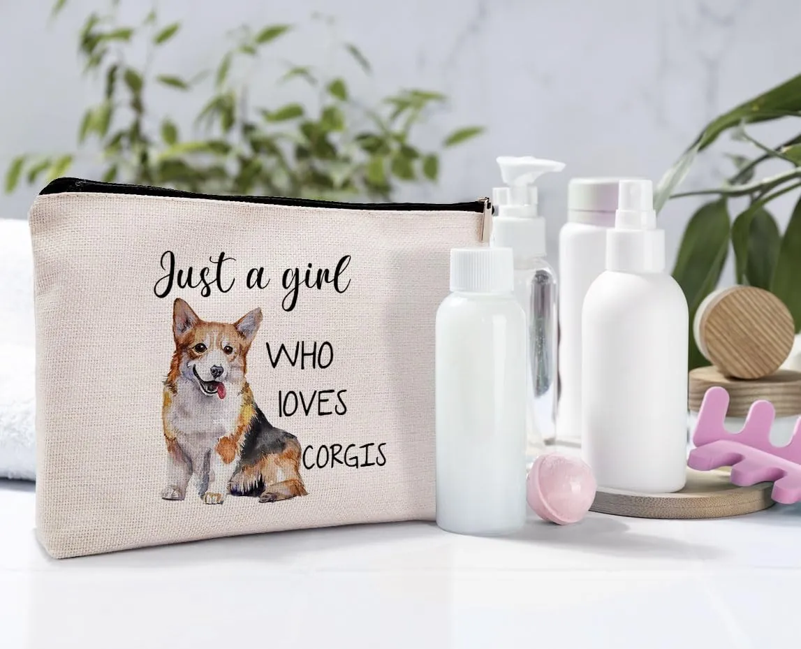 Just a Girl Who Loves Corgis Cosmetic Bag, Animal Lovers Pet Dog Makeup Bag Zipper Cosmetic Pouch Bag Travel Linen Makeup Organizer, Dog Gifts for Women Girls Corgi Lovers Pet Owner