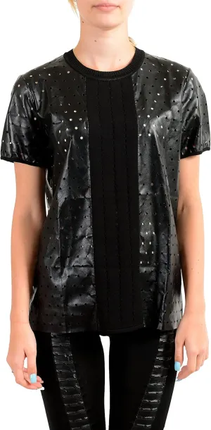 Just Cavalli Women's Short Sleeve Faux Leather Perforated Top Black SM