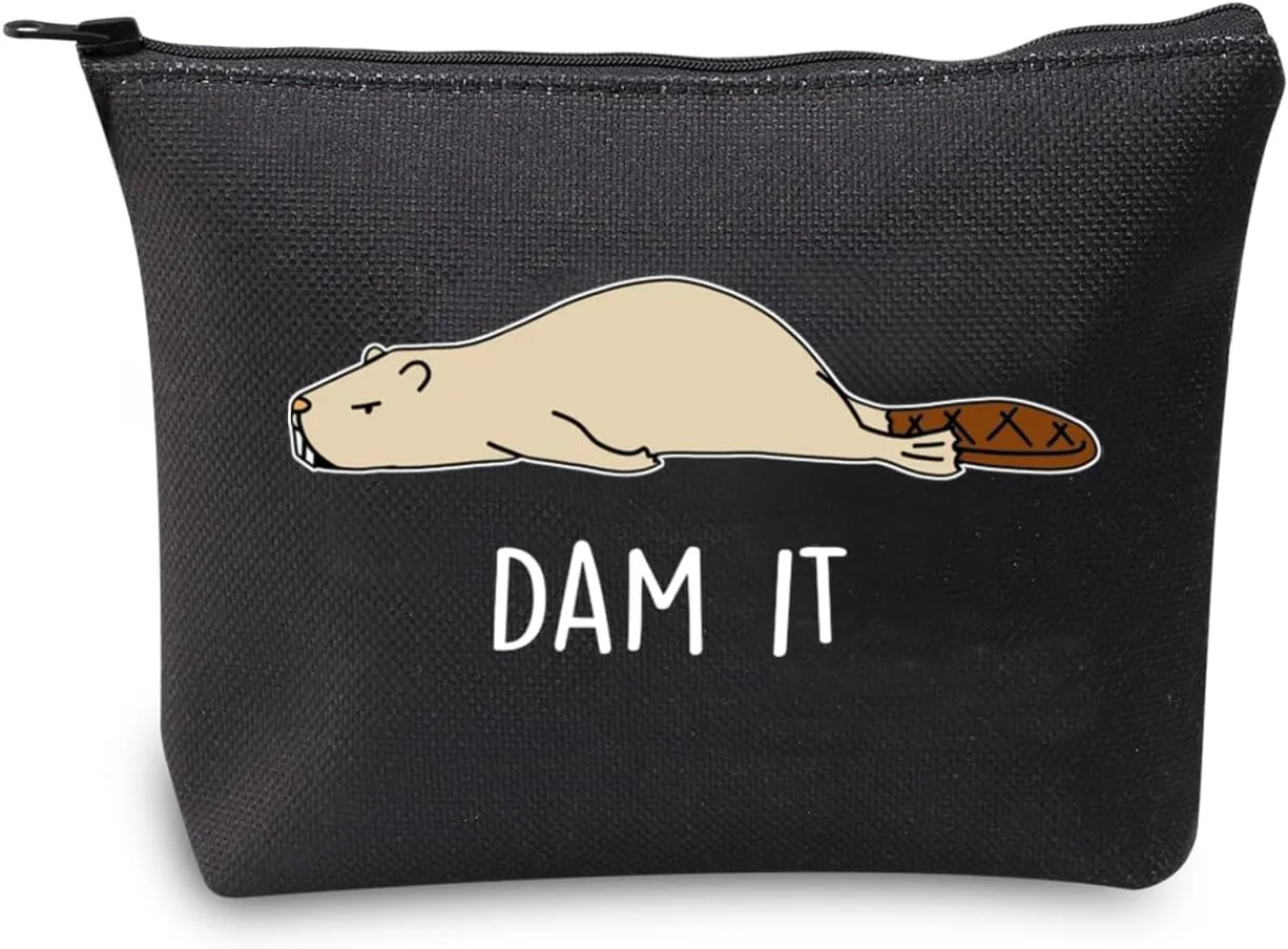 JXGZSO Funny Beaver Cosmetic Bag Beaver Lover Gift Rodent Beaver Dam It Makeup Pouch Bag (Dam It Black)