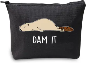 JXGZSO Funny Beaver Cosmetic Bag Beaver Lover Gift Rodent Beaver Dam It Makeup Pouch Bag (Dam It Black)