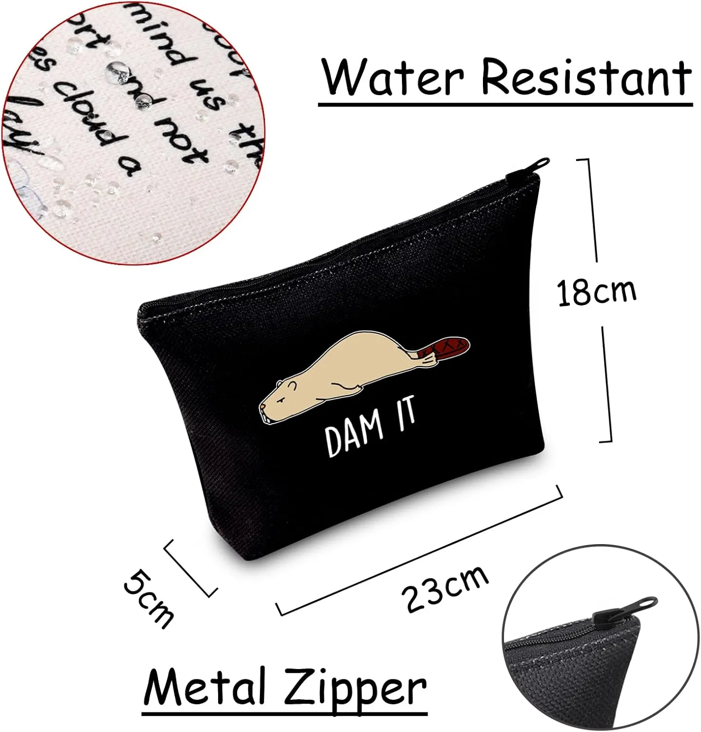 JXGZSO Funny Beaver Cosmetic Bag Beaver Lover Gift Rodent Beaver Dam It Makeup Pouch Bag (Dam It Black)