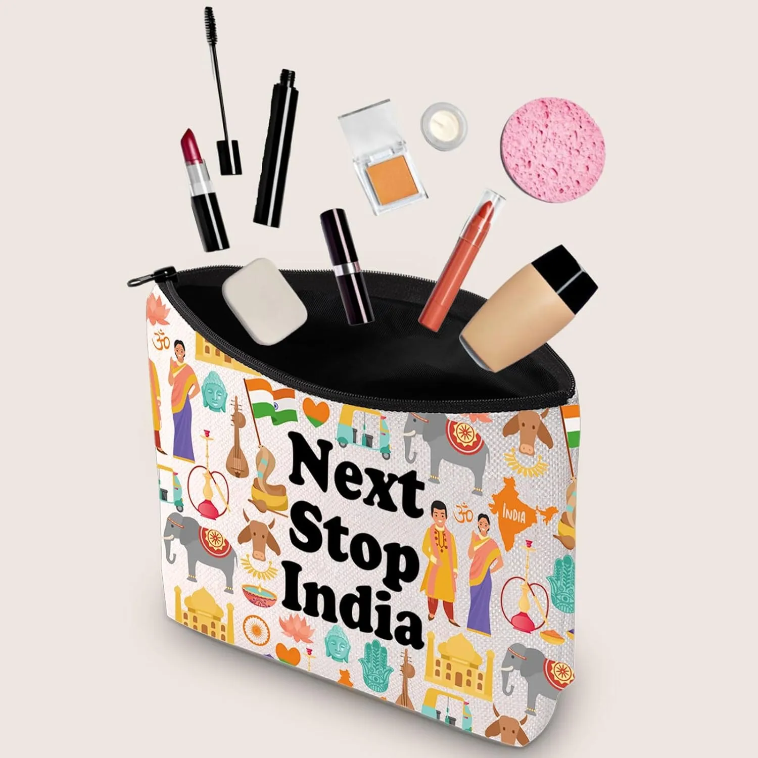 JXGZSO India Travel Gift Next Stop India Makeup Bag Traveler Gift India Trip Cosmetic Bag India Landmark Travel Gift