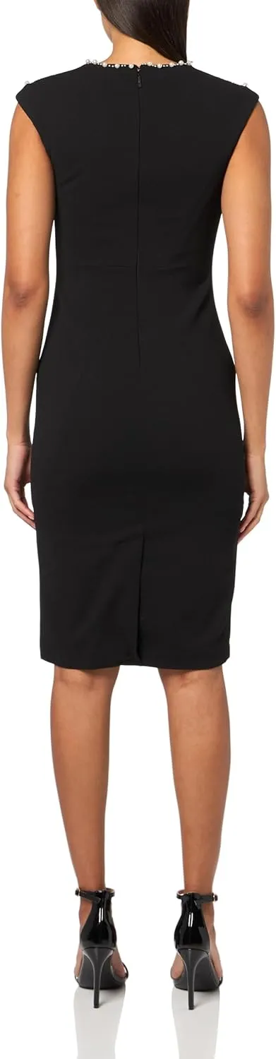 Karl Lagerfeld Paris Women's Embellished Neckline Sleeveless Scuba Crepe Sheath Dress