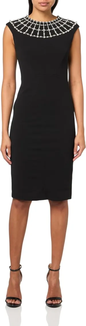 Karl Lagerfeld Paris Women's Embellished Neckline Sleeveless Scuba Crepe Sheath Dress
