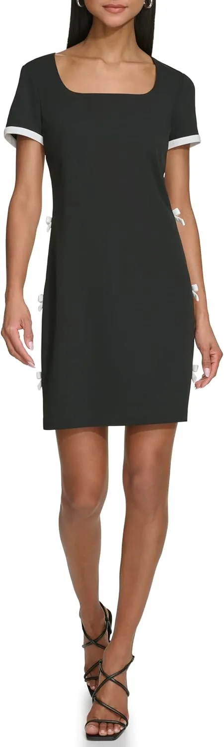 Karl Lagerfeld Paris Women's Short Sleeve Square Neck Bow Embellished Shift Mini Dress