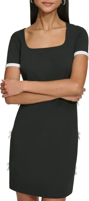 Karl Lagerfeld Paris Women's Short Sleeve Square Neck Bow Embellished Shift Mini Dress
