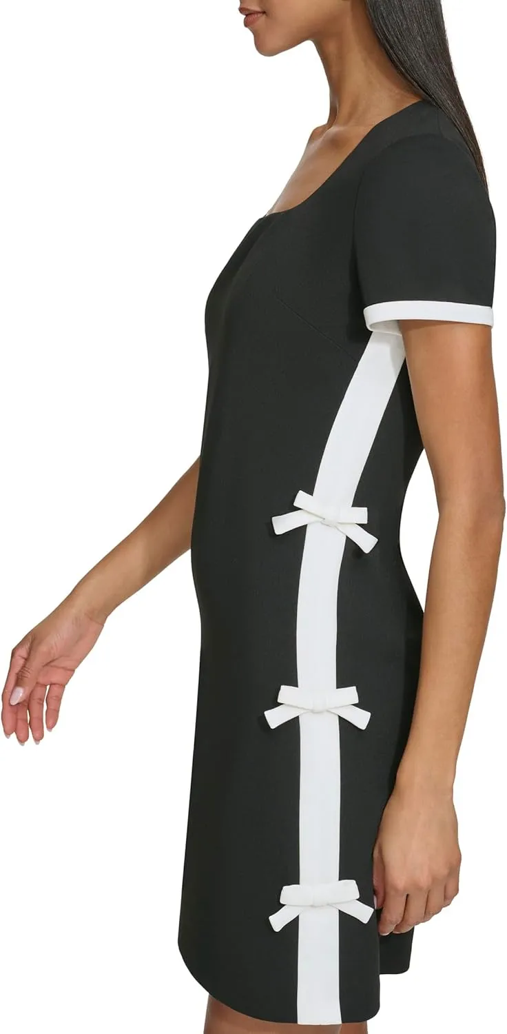 Karl Lagerfeld Paris Women's Short Sleeve Square Neck Bow Embellished Shift Mini Dress