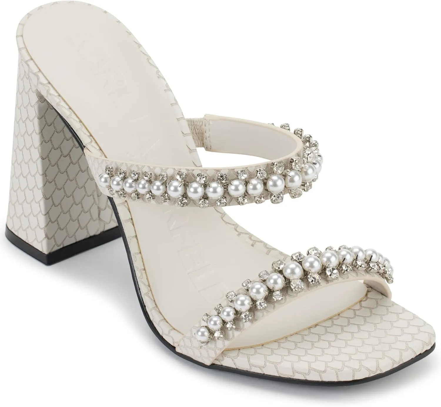 KARL LAGERFELD womens Rayan Embellished Block Heel Sandal
