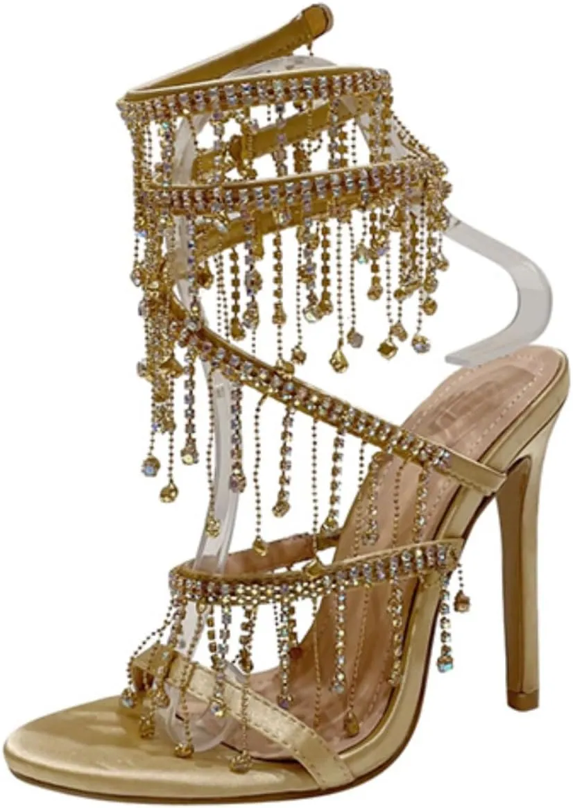 keleimusi Women's Rhinestone Chandelier Embellished Strappy High Heel Sandals 4-inch