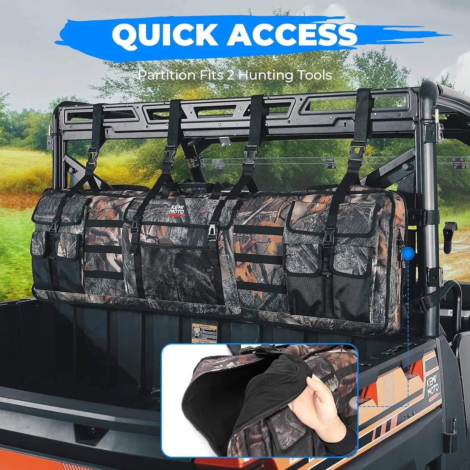 KEMIMOTO Double UTV Tool Bag Rack, ATV Tool Holder Rack Soft Carrier Case Rear Roll Cage for Hunting, Compatible with Polaris Ranger and Most UTVs Camo