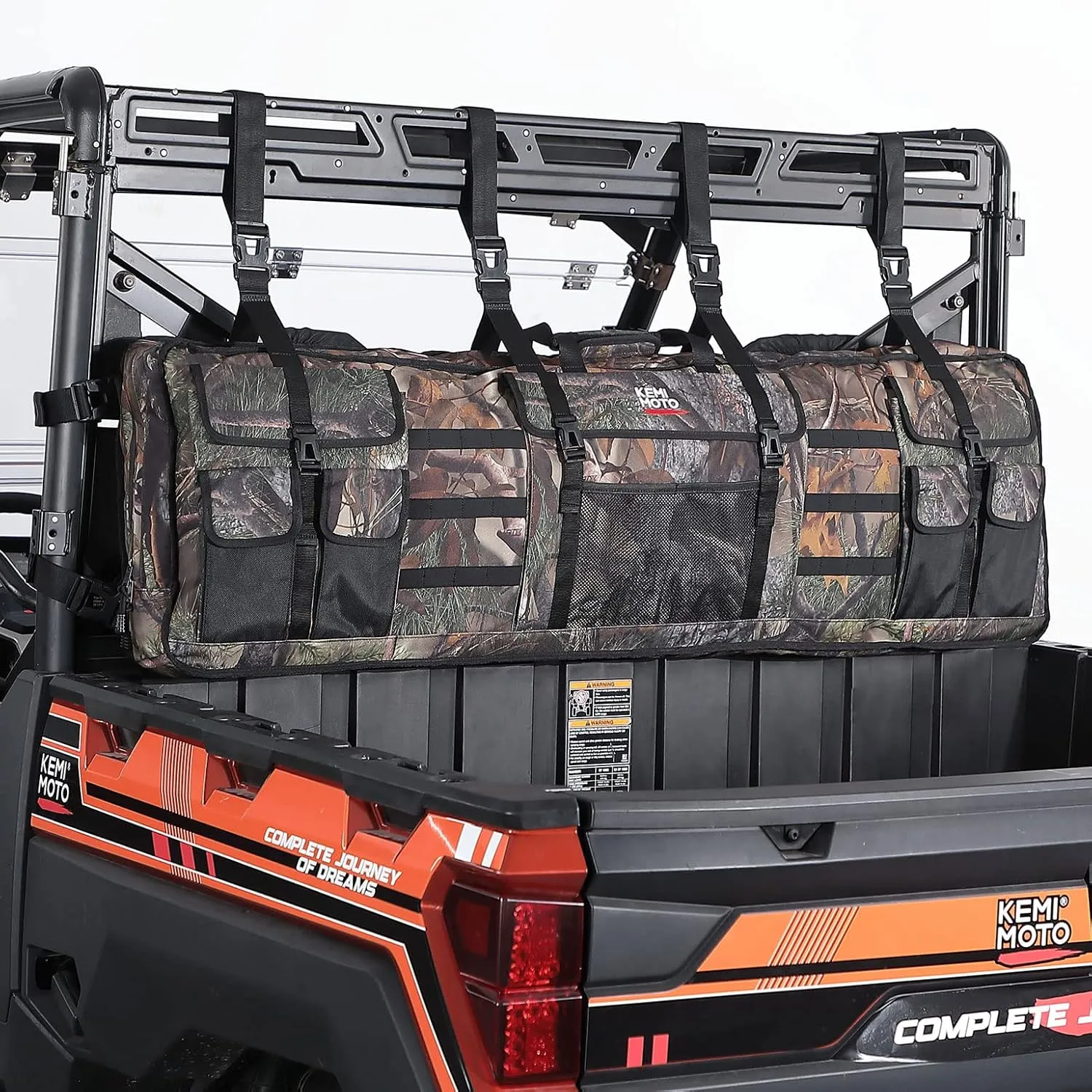 KEMIMOTO Double UTV Tool Bag Rack, ATV Tool Holder Rack Soft Carrier Case Rear Roll Cage for Hunting, Compatible with Polaris Ranger and Most UTVs Camo
