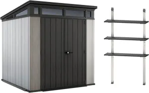 Keter Artisan 7 x 7 Foot Outdoor Garden Tool Storage Shed Backyard Utility Organizer Bundled with 40 Inch Steel Shelving Kit, Gray