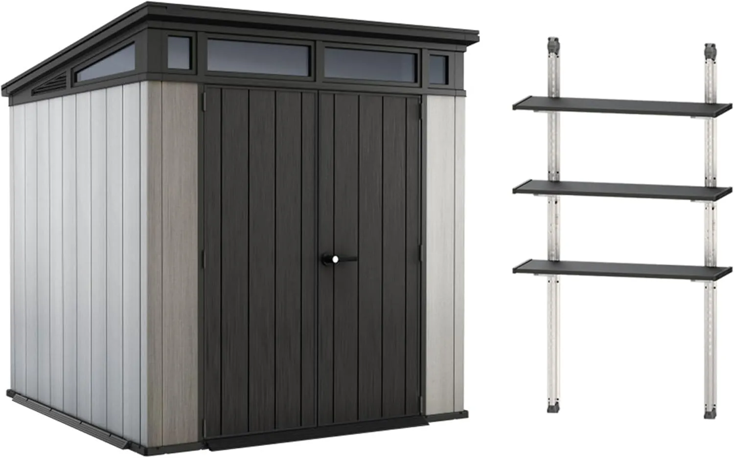 Keter Artisan 7 x 7 Foot Outdoor Garden Tool Storage Shed Backyard Utility Organizer Bundled with 40 Inch Steel Shelving Kit, Gray