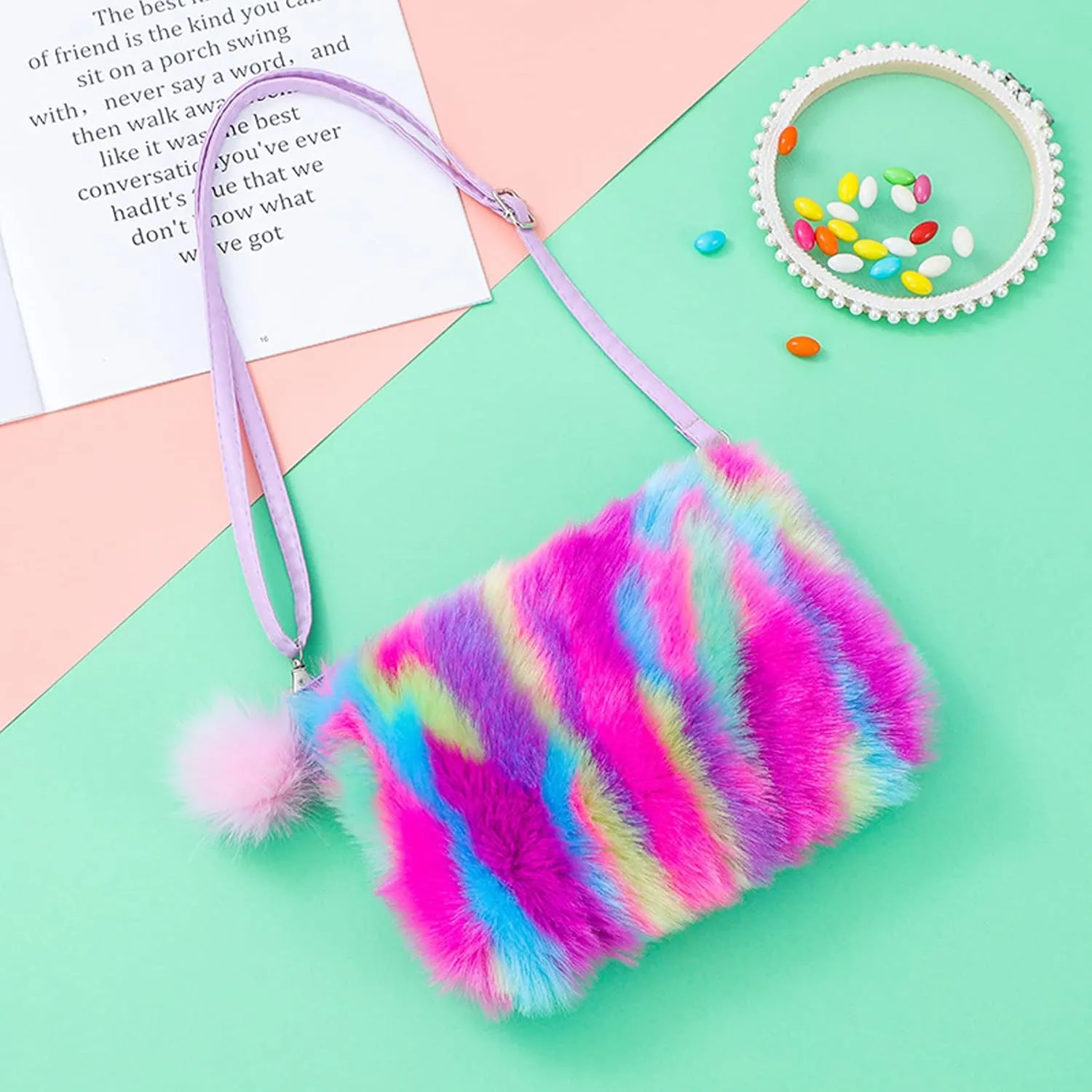 Kids Girls Fluffy Crossbody Purse Fuzzy Bag Plush Tie Dye Rainbow Shoulder Bag Handbag Wallet