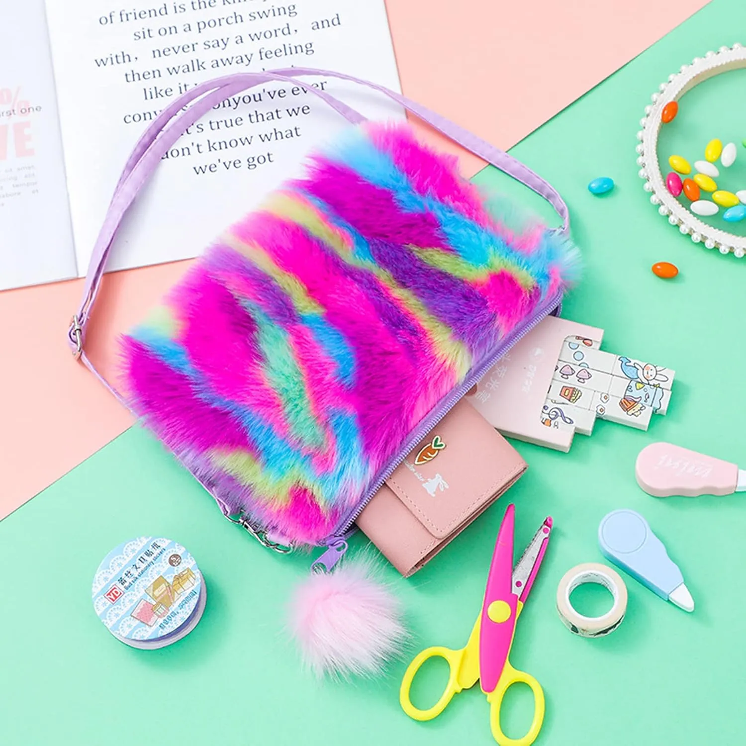 Kids Girls Fluffy Crossbody Purse Fuzzy Bag Plush Tie Dye Rainbow Shoulder Bag Handbag Wallet