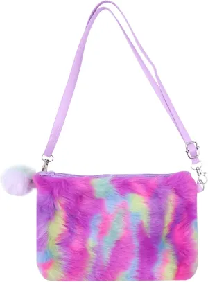 Kids Girls Fluffy Crossbody Purse Fuzzy Bag Plush Tie Dye Rainbow Shoulder Bag Handbag Wallet
