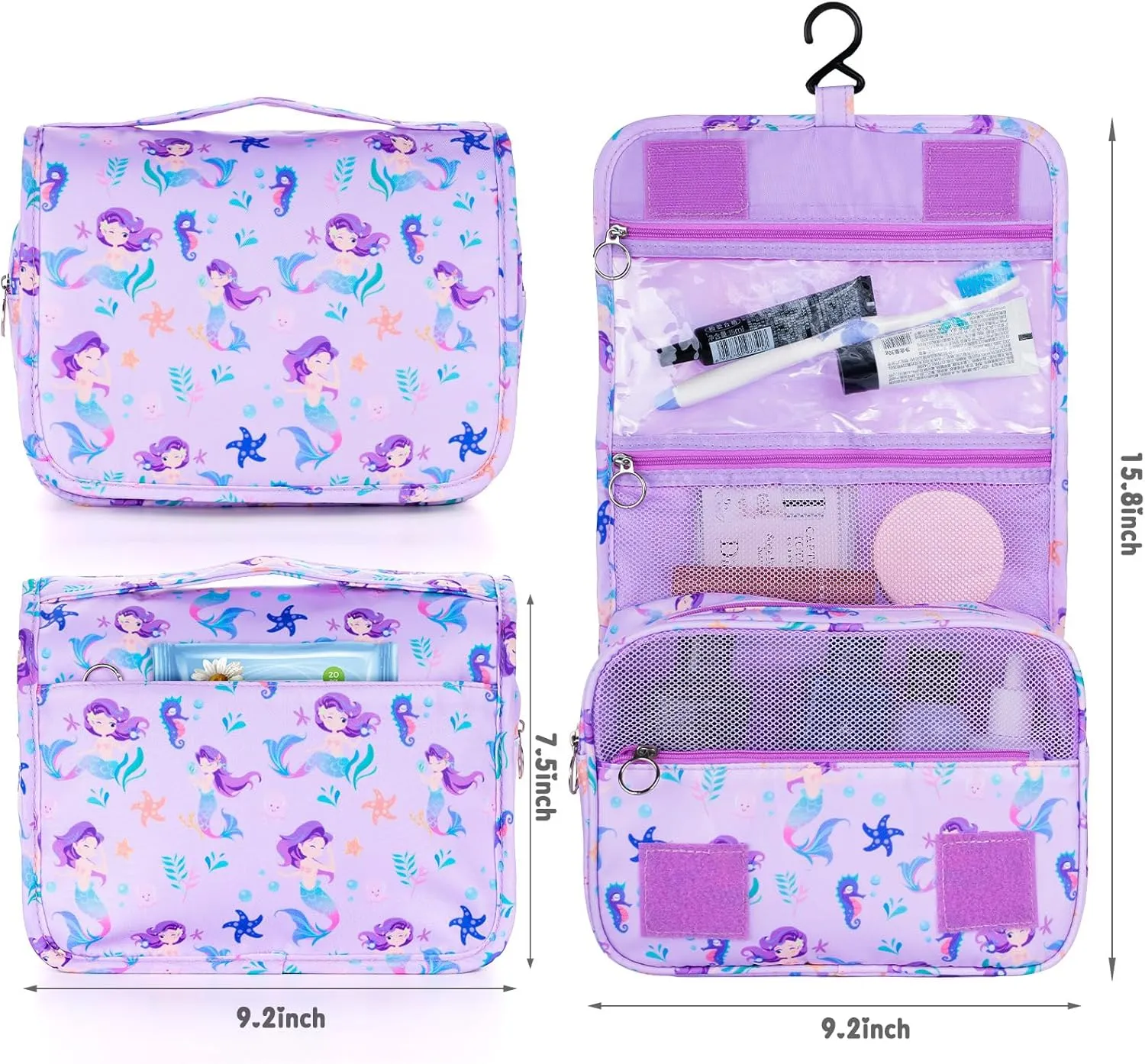 Kids Hanging Toiletry Bag for Girls, Travel Toiletry Bag for Little Young Girls Cosmetic Makeup Waterproof Wash Bag Toddler Traveling Toiletries, Mermaid Purple