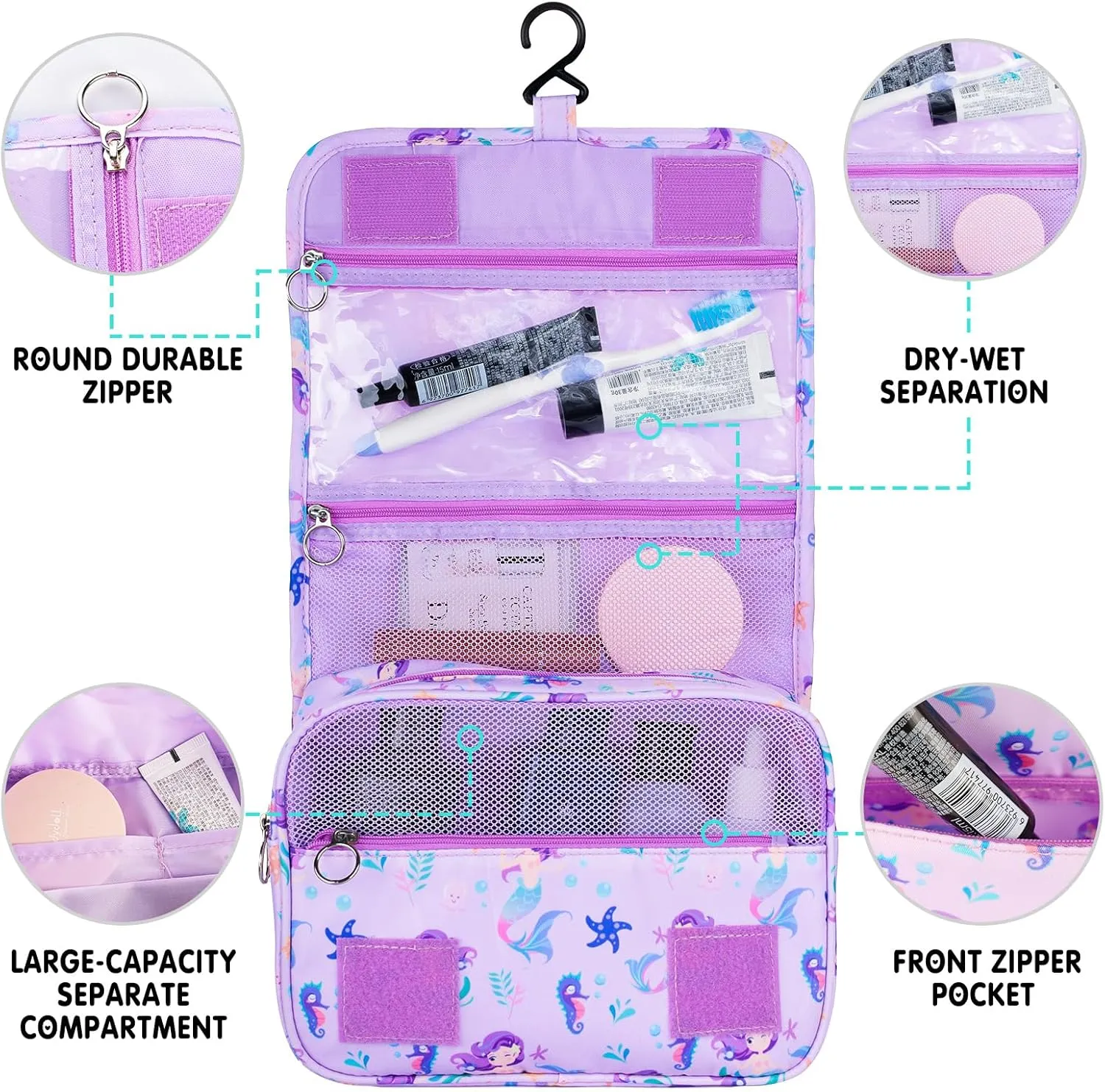 Kids Hanging Toiletry Bag for Girls, Travel Toiletry Bag for Little Young Girls Cosmetic Makeup Waterproof Wash Bag Toddler Traveling Toiletries, Mermaid Purple
