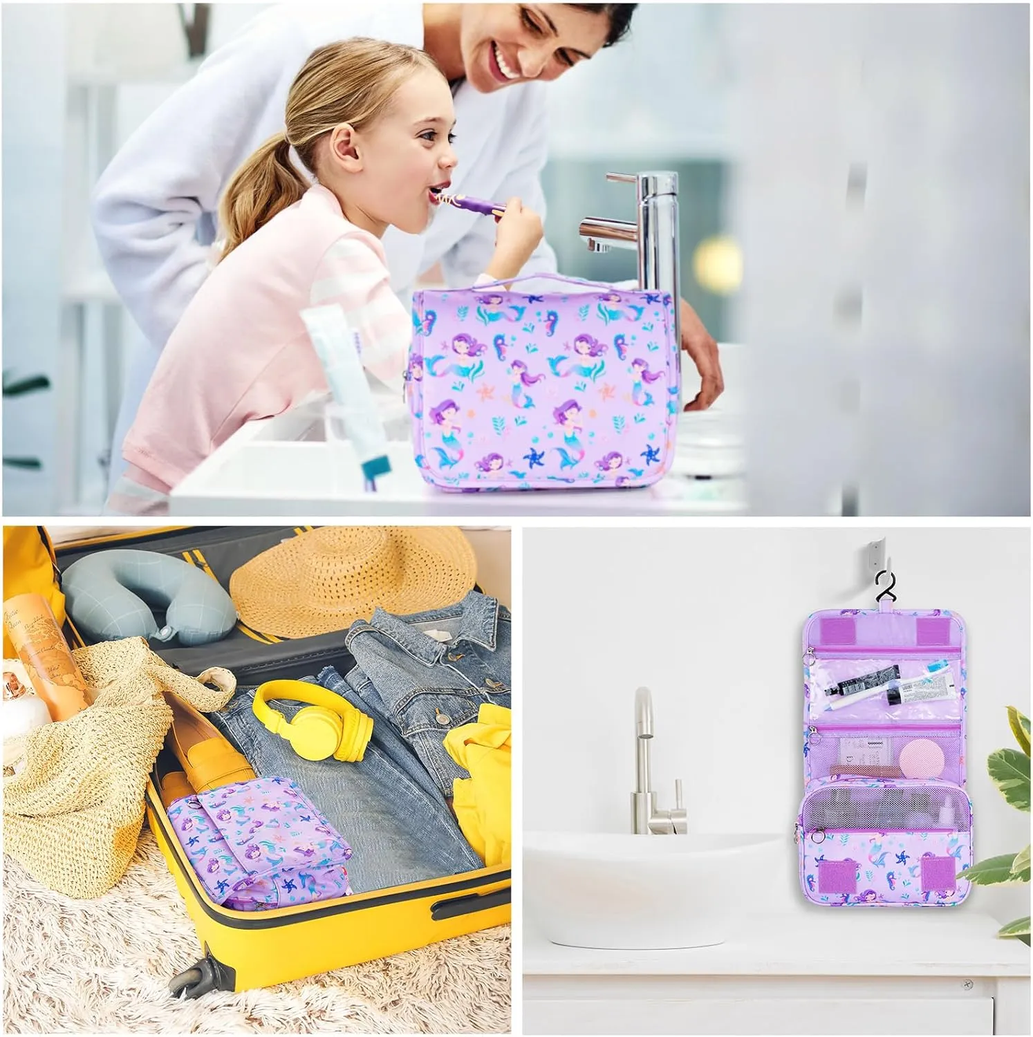 Kids Hanging Toiletry Bag for Girls, Travel Toiletry Bag for Little Young Girls Cosmetic Makeup Waterproof Wash Bag Toddler Traveling Toiletries, Mermaid Purple