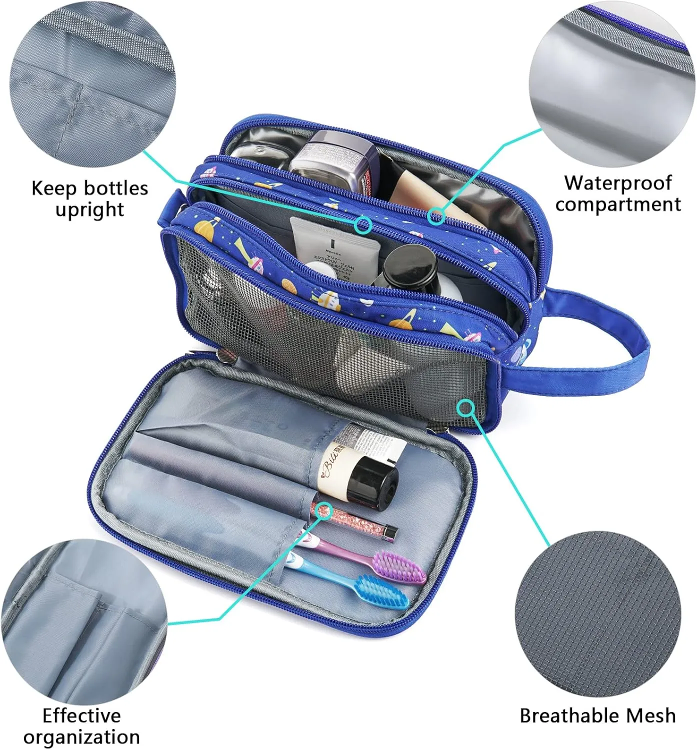 Kids Toiletry Bag for Boys, Travel Toiletry Bag for Little Young Boys Waterproof Hanging Wash Bag Toddler Traveling Toiletries, Space Blue
