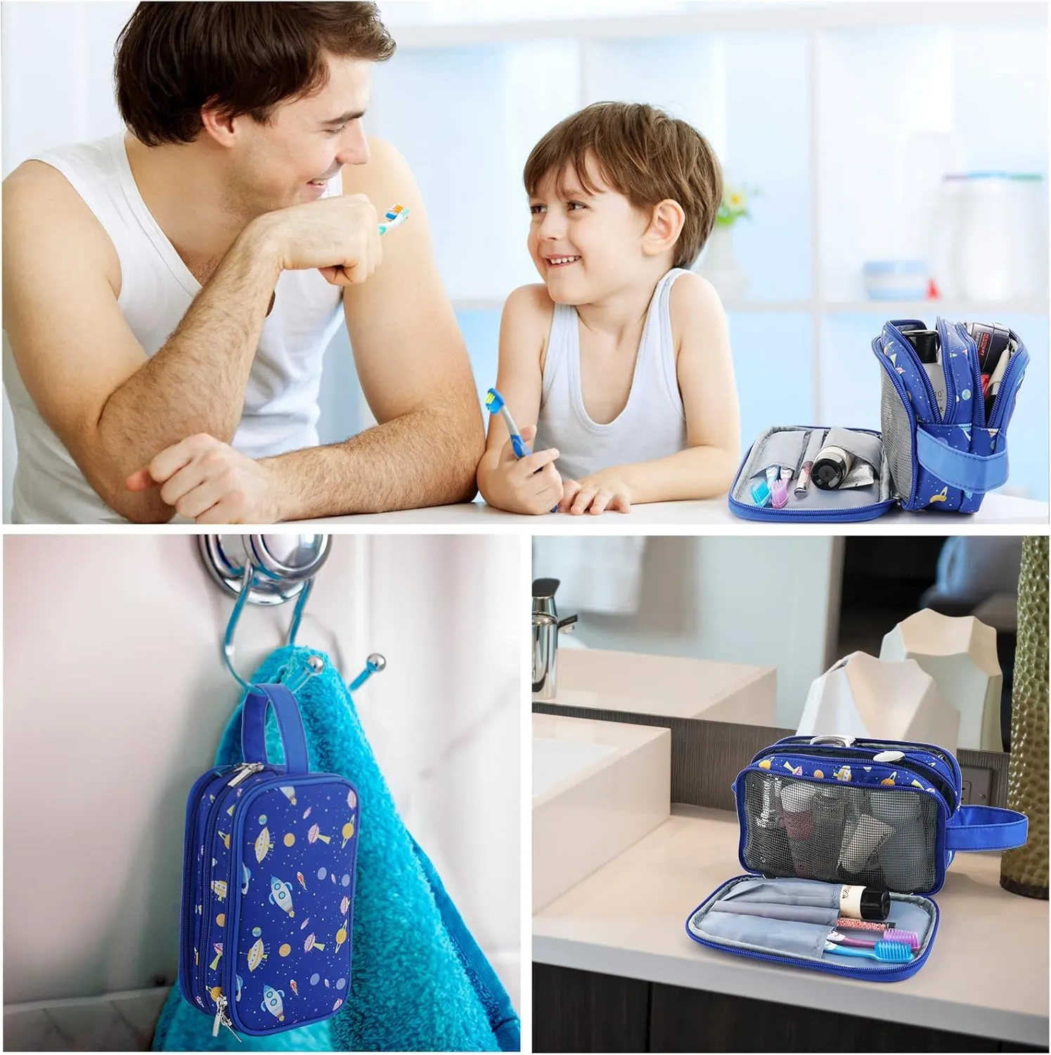 Kids Toiletry Bag for Boys, Travel Toiletry Bag for Little Young Boys Waterproof Hanging Wash Bag Toddler Traveling Toiletries, Space Blue