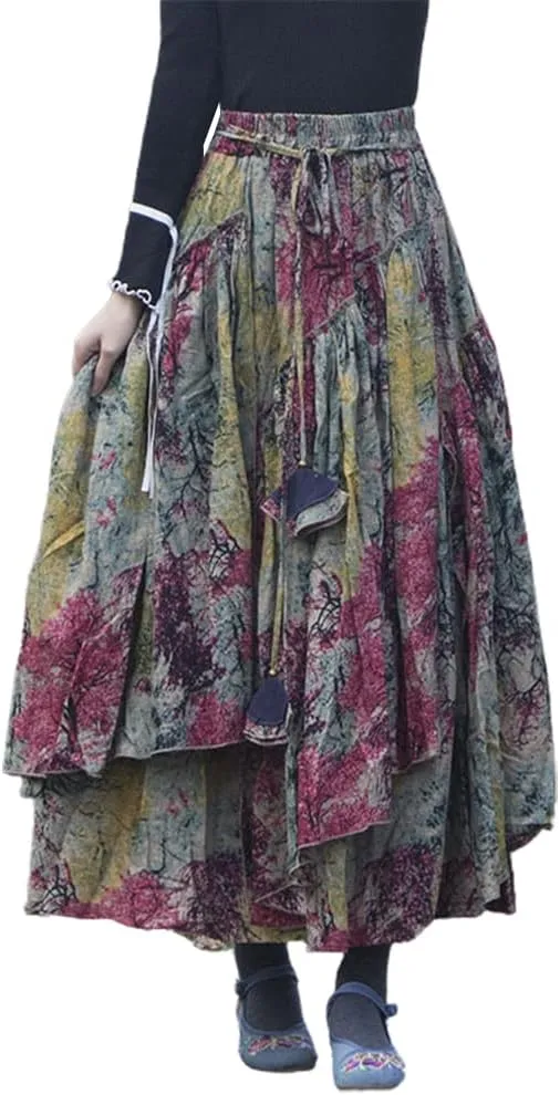 Kinghua Womens Retro Cotton Linen Long Skirt Casual Elastic Waist Pleated Asymmetrical A Line Flare Maxi Skirt