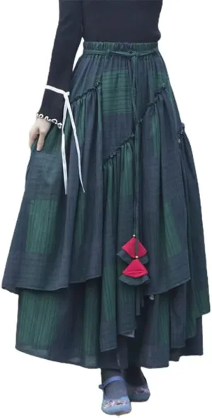 Kinghua Womens Retro Cotton Linen Long Skirt Casual Elastic Waist Pleated Asymmetrical A Line Flare Maxi Skirt