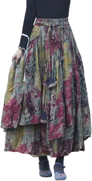 Kinghua Womens Retro Cotton Linen Long Skirt Casual Elastic Waist Pleated Asymmetrical A Line Flare Maxi Skirt