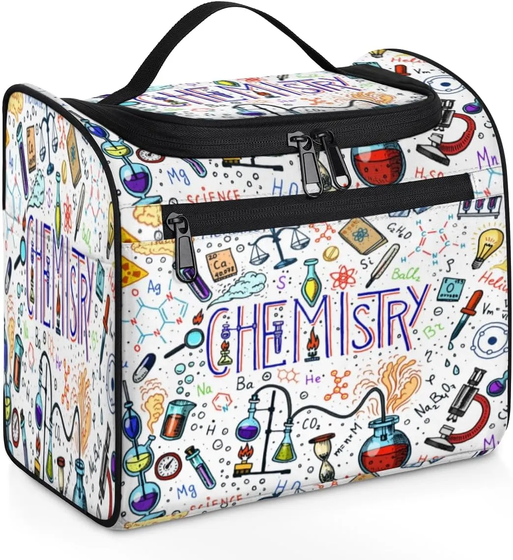 KOBLEN Chemical Formula Education Travel Toiletry Bag Water-Resistant Makeup Cosmetic Bag with Hanging Hook Large Capacity Makeup Organizer for Women Travel Essentials
