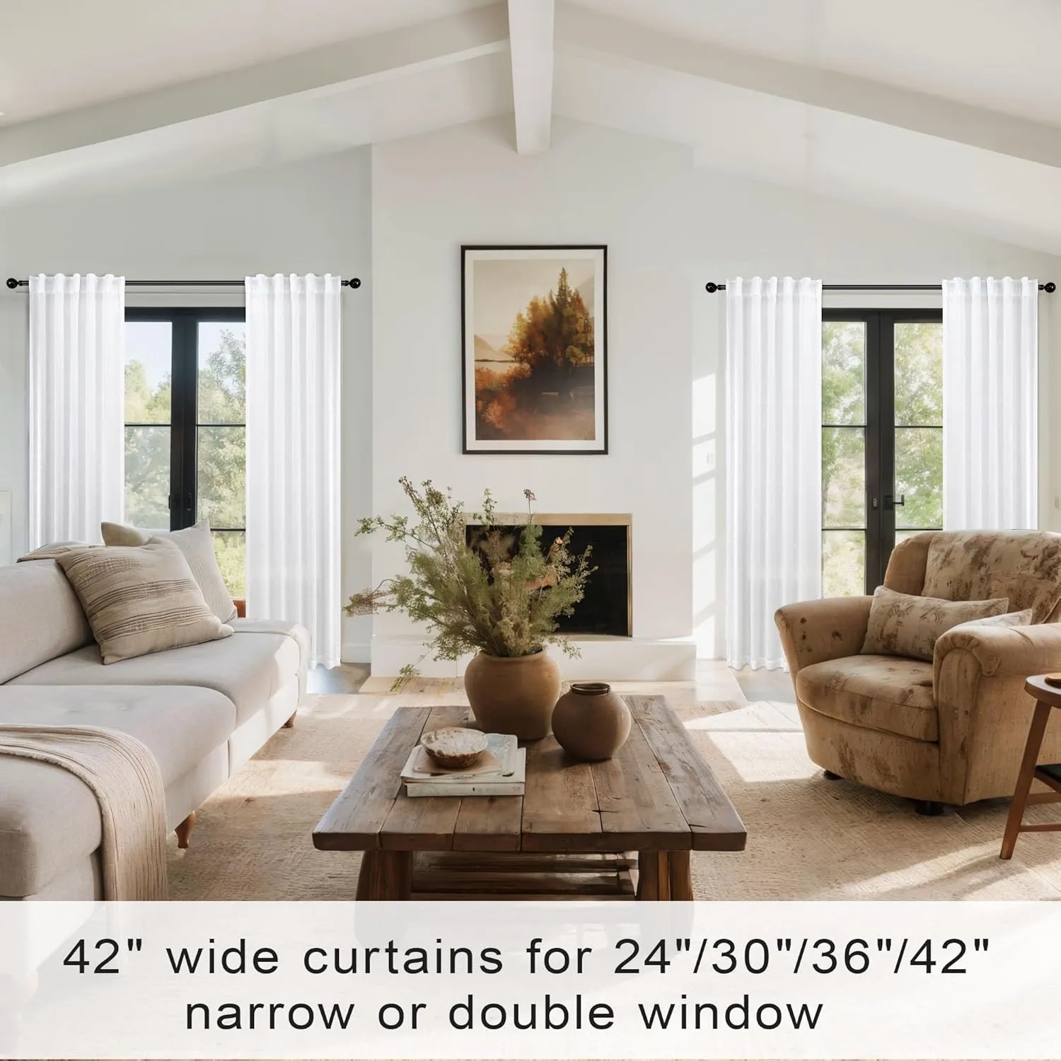 KOUFALL White Linen Sheer Curtains 84 Inches Long for Bedroom Living Room,Semi Transparent Light Filtering Not See Through Sliding Glass Door Curtains 2 Panel Sets 84 Inch Length
