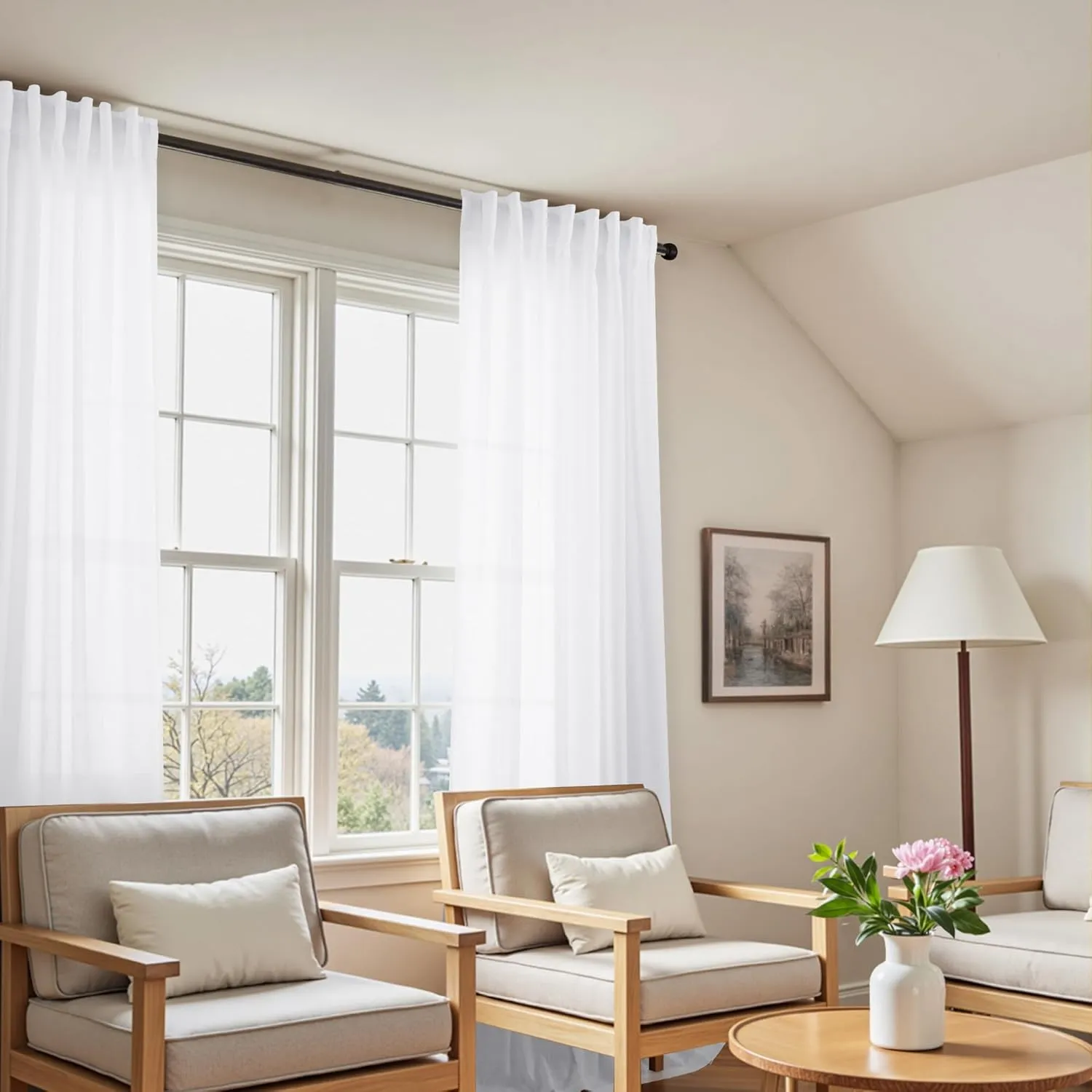 KOUFALL White Linen Sheer Curtains 84 Inches Long for Bedroom Living Room,Semi Transparent Light Filtering Not See Through Sliding Glass Door Curtains 2 Panel Sets 84 Inch Length