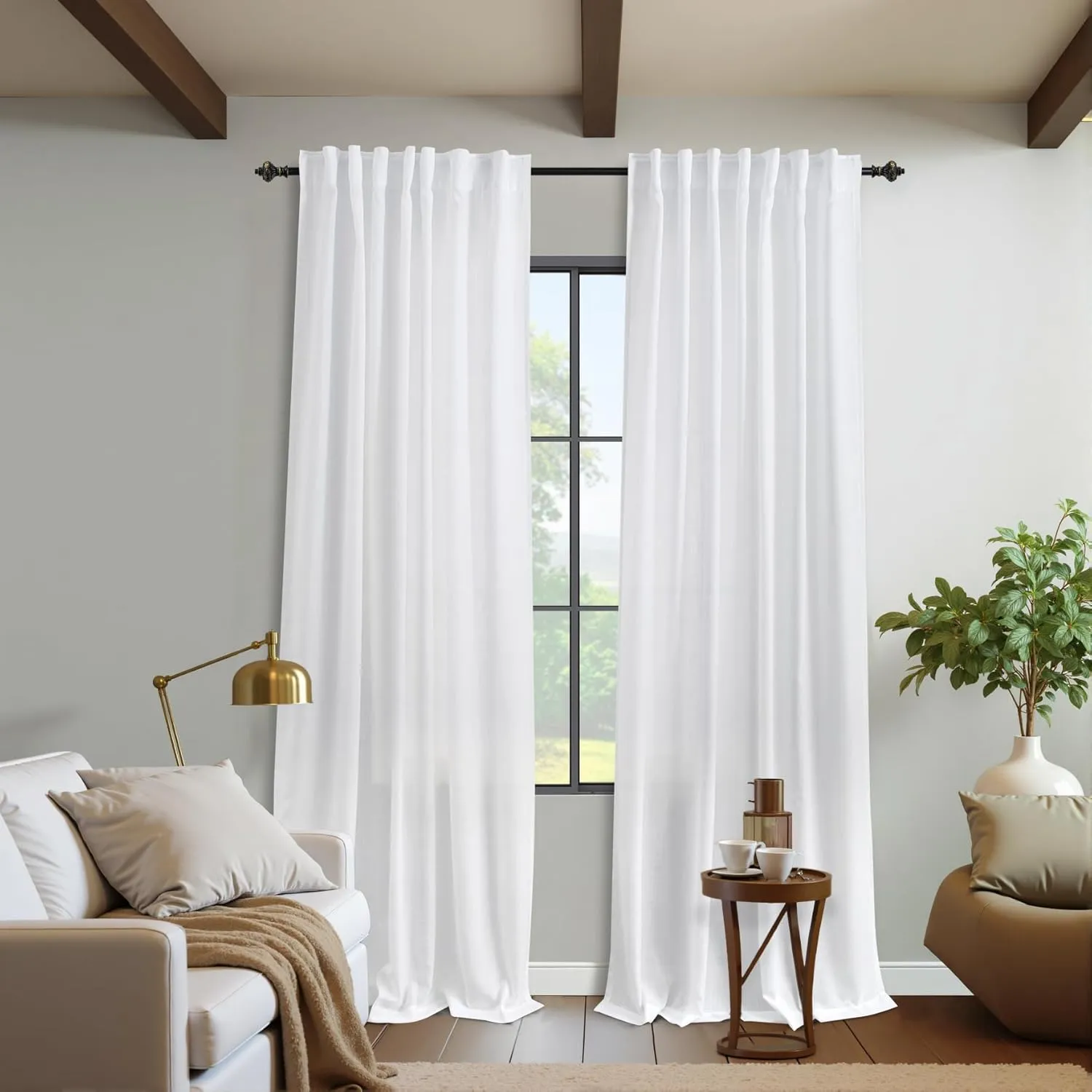 KOUFALL White Linen Sheer Curtains 84 Inches Long for Bedroom Living Room,Semi Transparent Light Filtering Not See Through Sliding Glass Door Curtains 2 Panel Sets 84 Inch Length