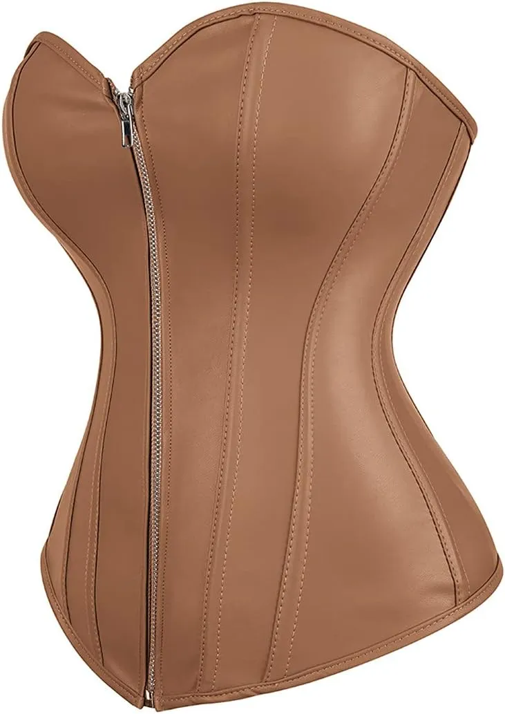 Kranchungel Corsets for Women Plus Size Faux Leather Steampunk Corset Top Zipper Bustier