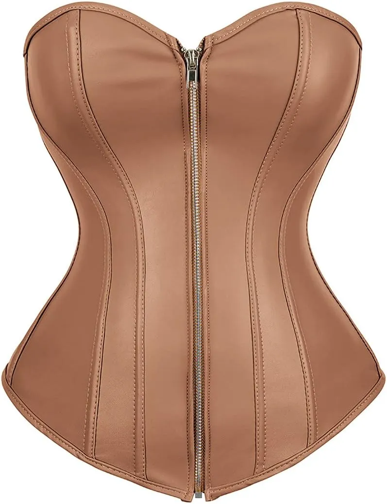 Kranchungel Corsets for Women Plus Size Faux Leather Steampunk Corset Top Zipper Bustier