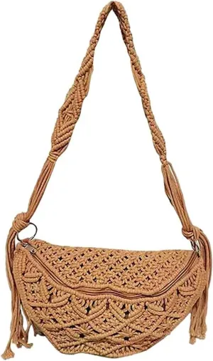 KYOFIS Handwoven Crossbody Handbag, Women's Bohemian Crochet Bag Handwoven Cotton Shoulder Bag for Beach Travel Outdoor (Color : Brown)