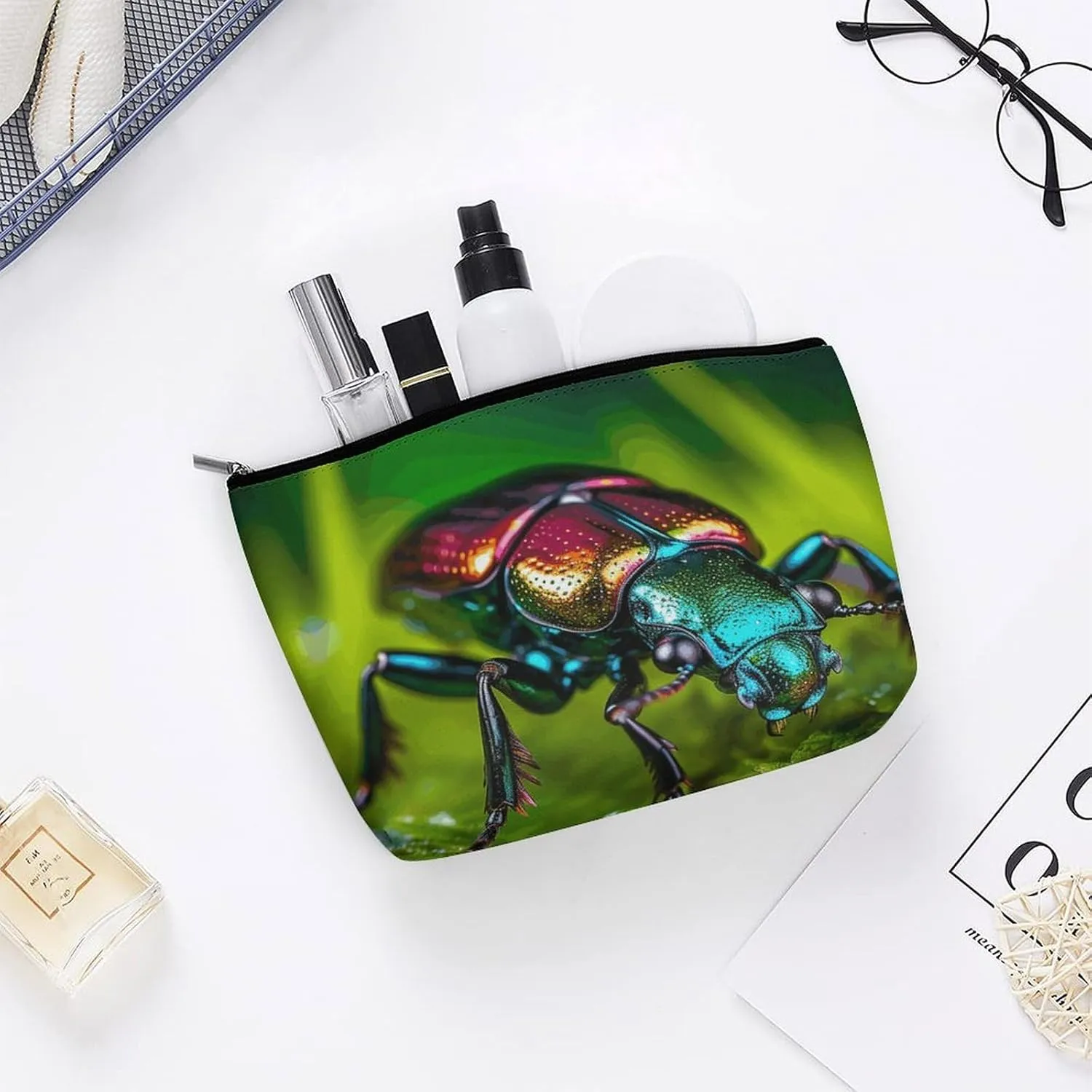 Ladies Makeup Bag Travel Toiletries Bag Black Beetle Printed Portable Cosmetic Bag Suitable for Vacation Travel