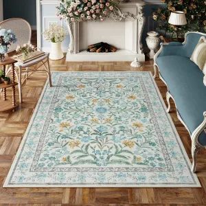 Lahome Blue 5x7 Area Rugs for Living Room, Boho Floral Washable Girls Bedroom Rug, Soft Retro Non-Slip Nursery Rugs for Kids Room Playroom Apartment
