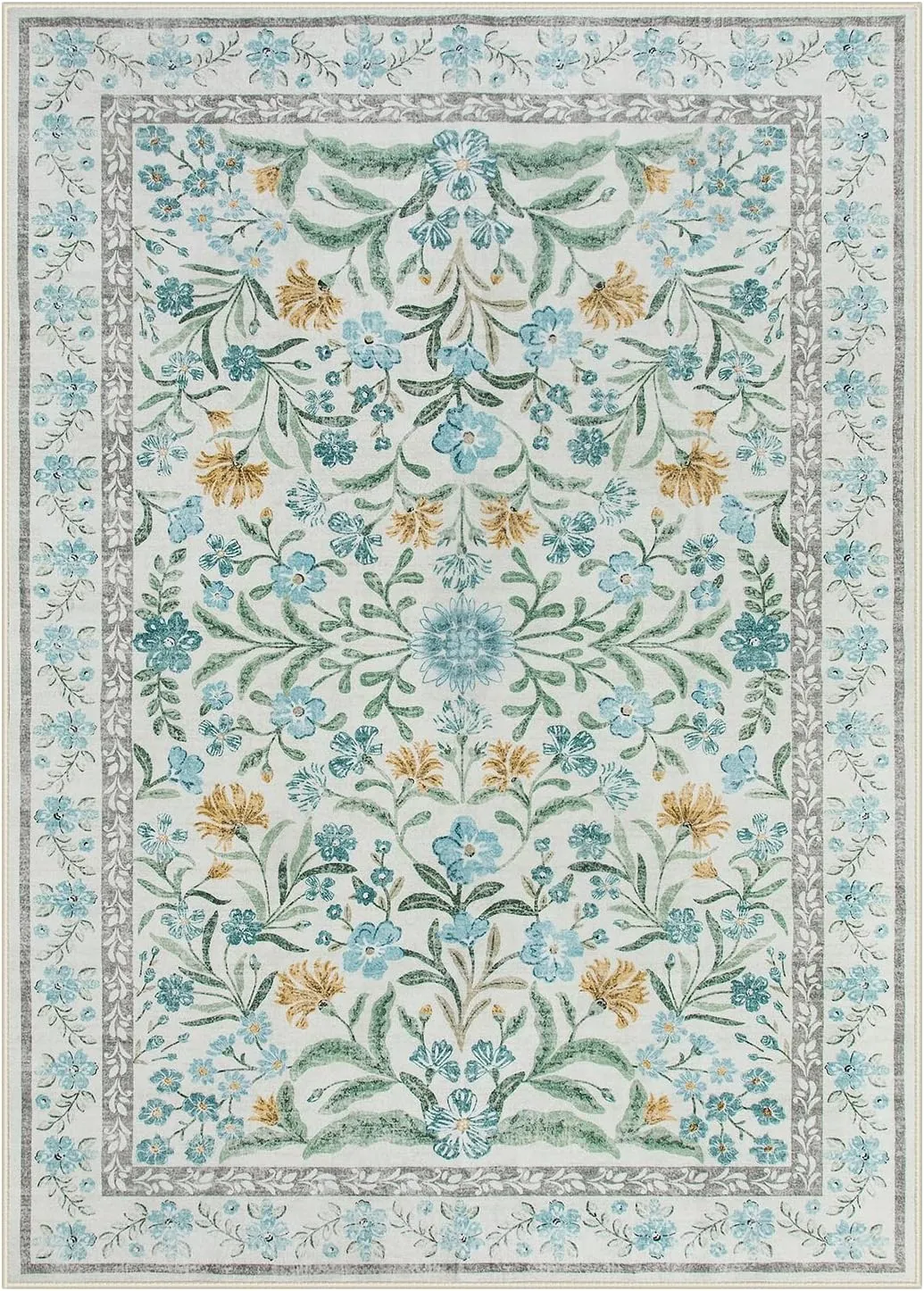 Lahome Blue 5x7 Area Rugs for Living Room, Boho Floral Washable Girls Bedroom Rug, Soft Retro Non-Slip Nursery Rugs for Kids Room Playroom Apartment