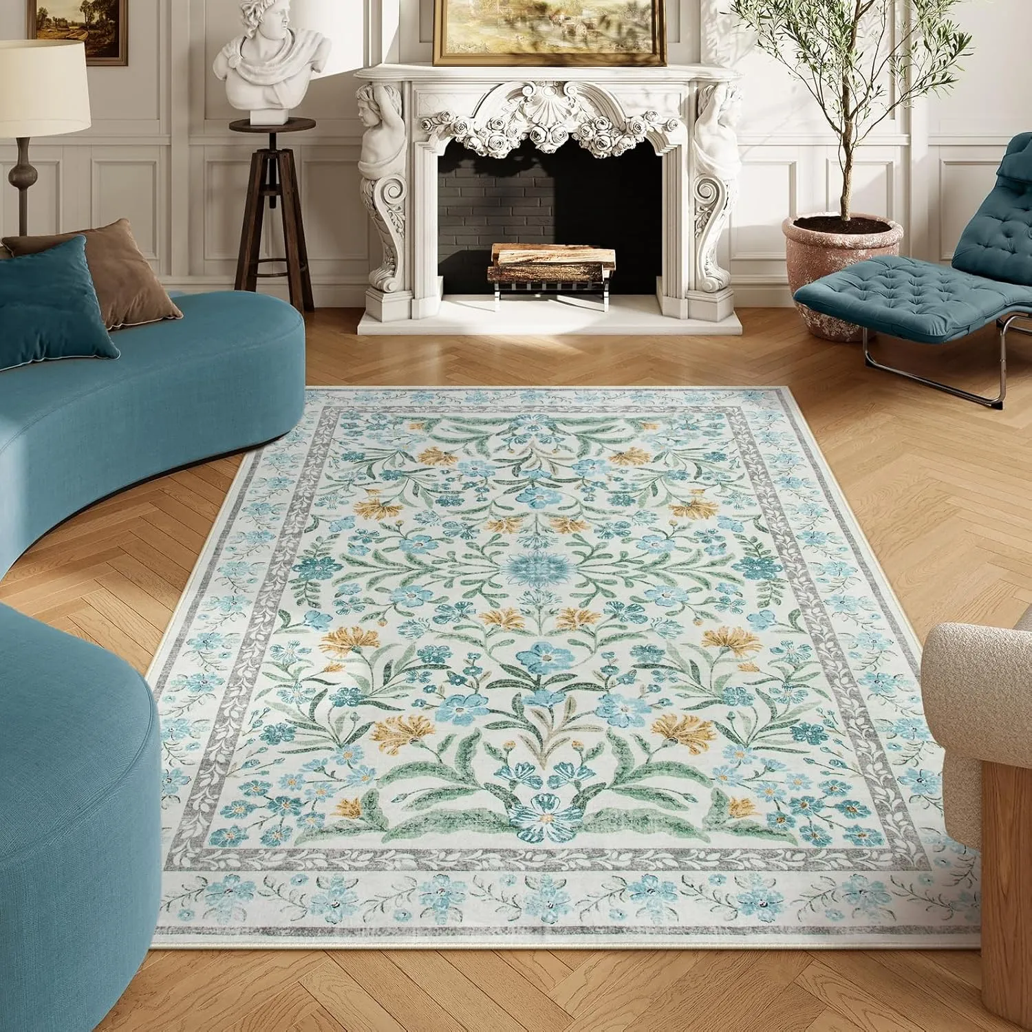 Lahome Blue 5x7 Area Rugs for Living Room, Boho Floral Washable Girls Bedroom Rug, Soft Retro Non-Slip Nursery Rugs for Kids Room Playroom Apartment
